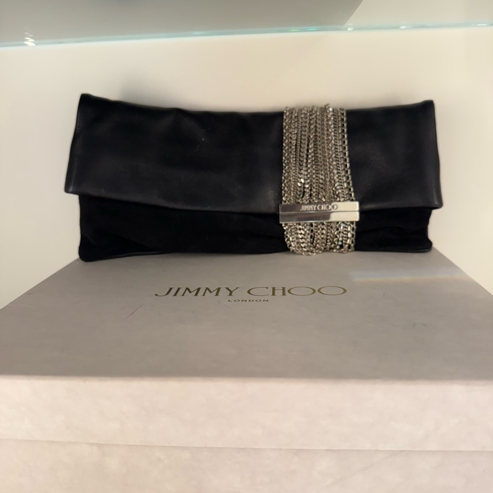 Jimmy Choo Chandra Chain Detail Clutch Bag in Black Leather